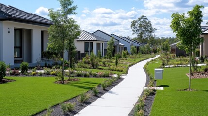 A row of modern, single-story homes lines a paved walkway. Landscaped lawns and shrubs border the path. The image is high-quality, with bright, natural lighting. The style is clean and contemporary