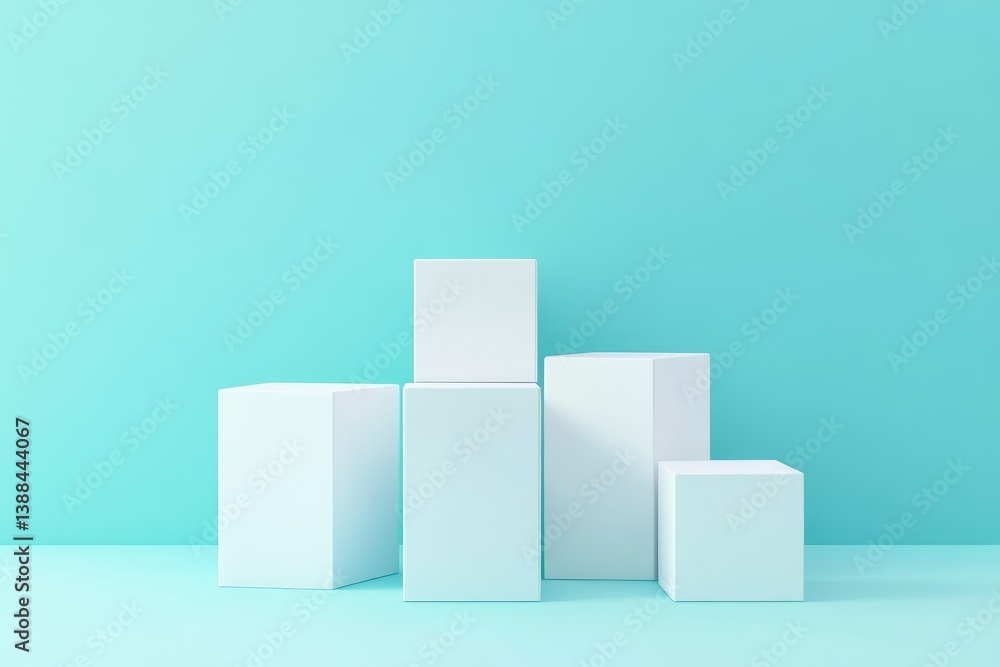 Poster a minimalist arrangement of white geometric blocks on a soft blue background. creating a serene atmo