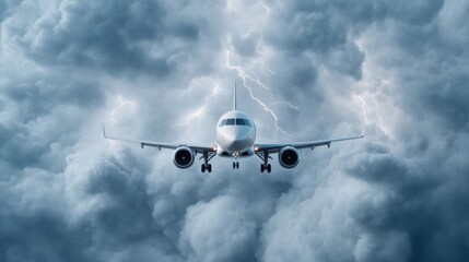 Fototapeta premium Plane in a storm. Powerful lightning strikes a commercial aircraft soaring through thick, dark clouds. Dramatic weather