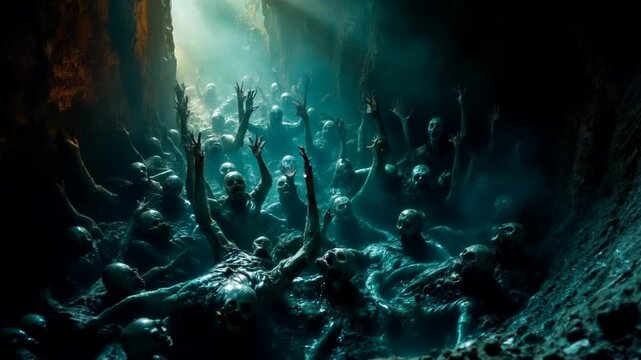 A terrible dark pit. Horrible monsters in the twilight. Horror fantasy genre. Scary video clip for Halloween.	
