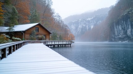 Fototapeta premium A snow-covered wooden cabin sits by a calm lake. A snow-dusted dock extends from the cabin towards the viewer. The background features snow-capped mountains and muted autumnal trees. The image has a
