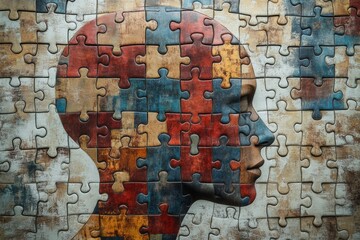 Human head silhouette emerging from puzzle pieces creating a thought-provoking concept about psychology