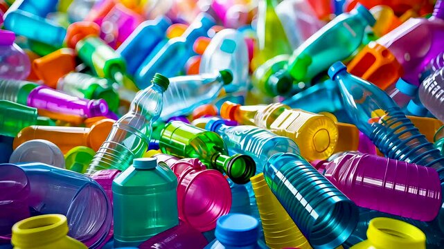 Colorful pile of plastic bottles highlights global recycling and waste pollution