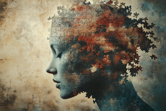 Woman with eyes closed and puzzle pieces forming her hair symbolizing mental health