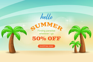 Summer sale with 50% off discount text for business flyers, ads and brochure lay out. Vector illustration summer banner promotion design.