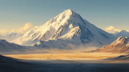 Fototapeta premium Snowy Mountain Peak Overlooking Golden Valley in Bright Winter Sunlight