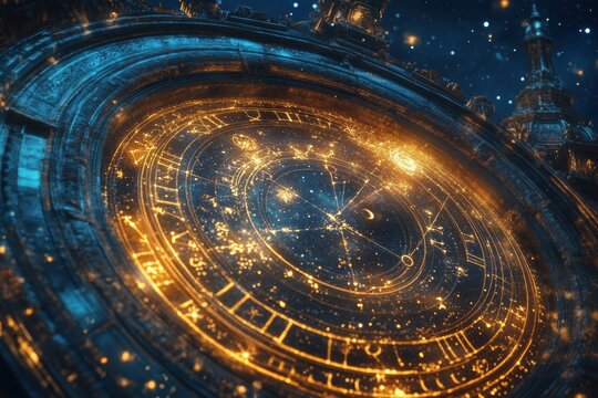 Gigantic Astronomical Clock Showing Constellations and Zodiac Signs in Space