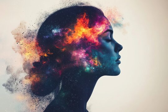 Woman relaxing with colorful nebula and stars exploding from head