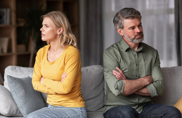 Crisis In Relations. Middle Aged Husband And Wife Offending To Each Other After Argue, Grumpy...