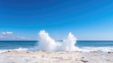 Fototapeta premium A powerful wave crashes against a rocky shore under a vibrant blue sky. The waves white foam contrasts beautifully with the calm ocean and clear sky. The image is high-resolution, displaying sharp de