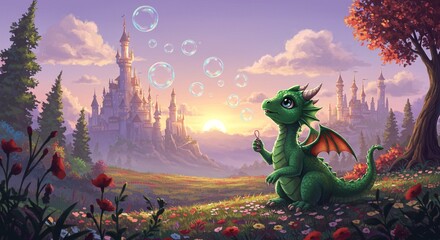 Adorable Baby Dragon Blowing Bubbles by Fairytale Castle at Sunset