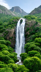 Obraz premium Majestic waterfall cascading down rocky cliffs, surrounded by lush green foliage and mountains