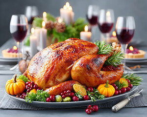 Roasted turkey centerpiece on a festive table with cranberries, pumpkins, and wine glasses