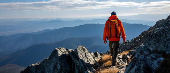Adventurous hiker reaching a rocky mountain peak in orange gear