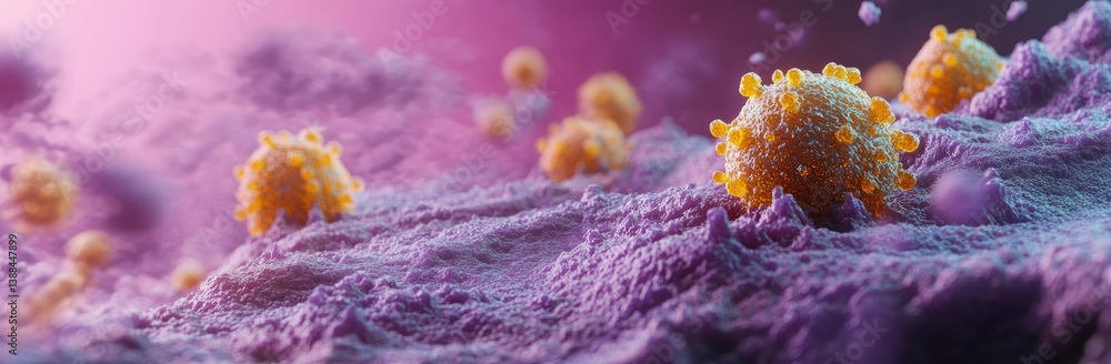 Poster close-up view of microscopic cells interacting on a textured surface. showcasing vibrant colors and 