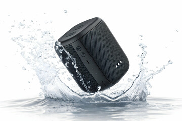 Modern black waterproof portable Bluetooth speaker in mid-air with dynamic splash of water surrounding it, isolated on white background. The water splash emphasizes the speaker's water-resistant .