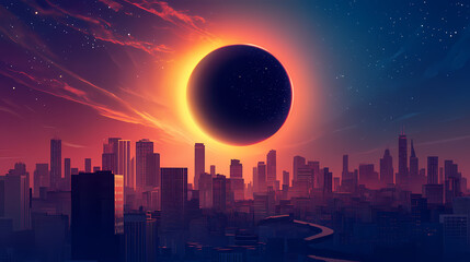 Cityscape with solar eclipse illustration. solar eclipse horizon. illustration. Eclipsed Horizon. Illustration
