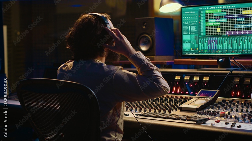 Fototapete Mixer producer develops audio by editing recordings and integrating additional sounds using buttons on mixing console. Engineer in sound design uses motorized faders at production studio. Camera A.