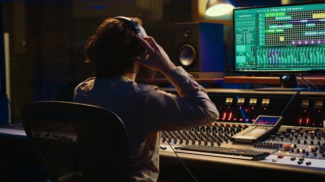 Mixer producer develops audio by editing recordings and integrating additional sounds using buttons on mixing console. Engineer in sound design uses motorized faders at production studio. Camera A.
