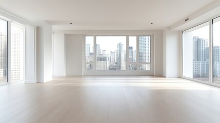 Fototapeta premium Empty Luxury Apartment City View Minimalist Style Bright Natural Light Wide Angle Shot Hardwood Floors Panoramic Windows Serene Bright Tones Ideal for Real Estate Listings