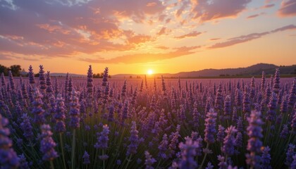 Vibrant Purple Lavender Field at Sunset, Warm Golden Light, Peaceful Landscape
