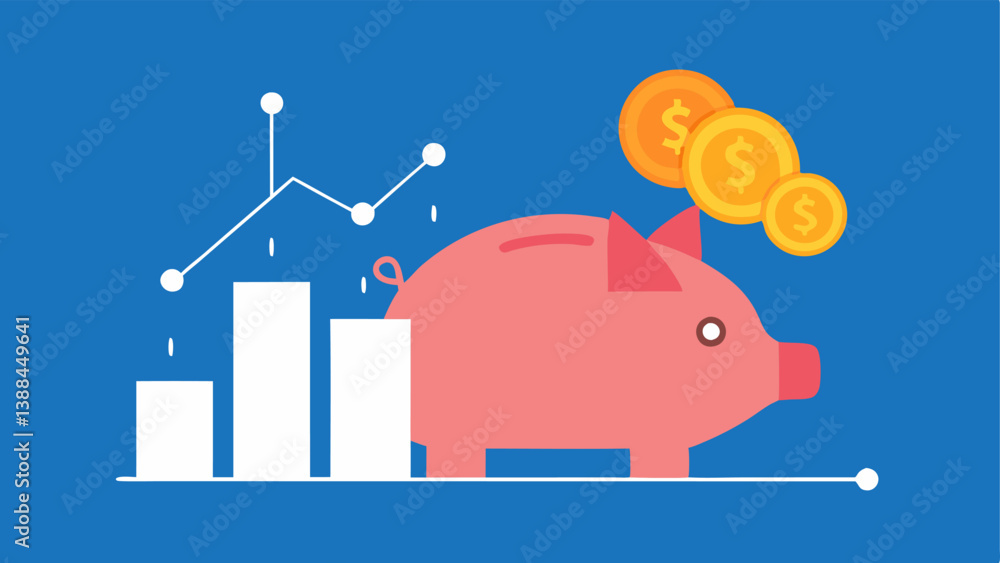 Poster costeffective solutions a piggy bank with coins falling into it alongside a graph showing decreasing
