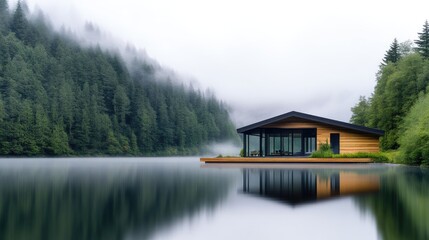 Tranquil lake house nestled in misty forest