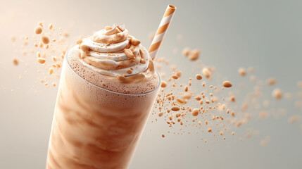 Creamy caramel frappuccino with whipped cream and straw  