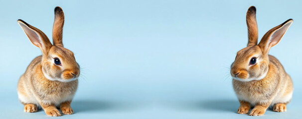 Two Adorable Bunnies Against a soft blue background, with copy space
