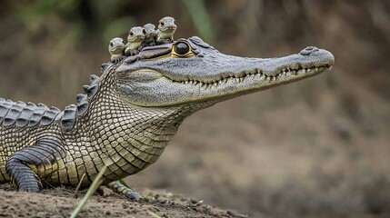 Fototapeta premium Gharial crocodile basking Indian riverbank slender snout hatchlings riding on adult's back