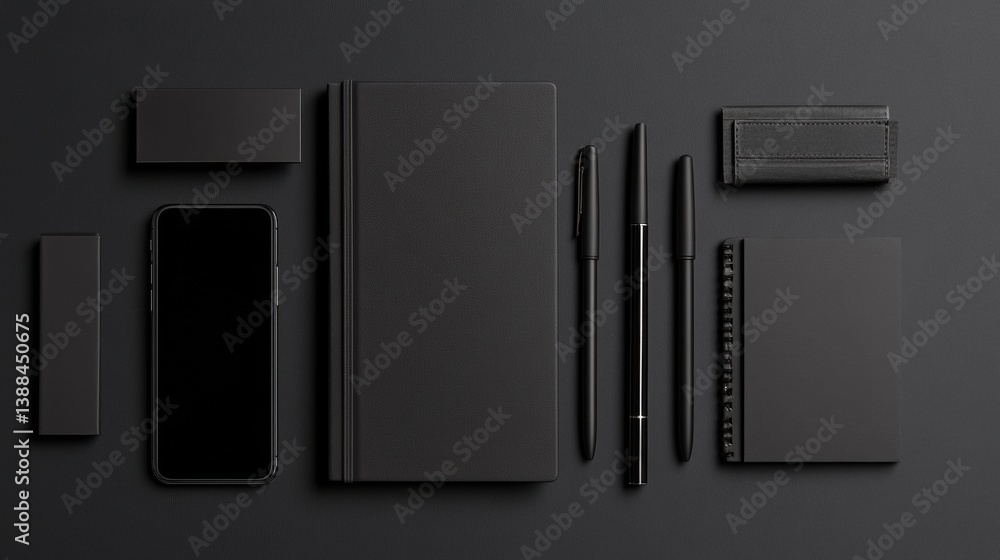 Aufkleber monochrome office essentials organized in a structured flat lay for an elegant workspace aesthetic
