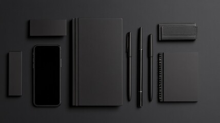 Monochrome office essentials organized in a structured flat lay for an elegant workspace aesthetic
