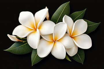 Fototapeta premium Elegant White and Yellow Plumeria Flowers with Green Leaves on Black Background