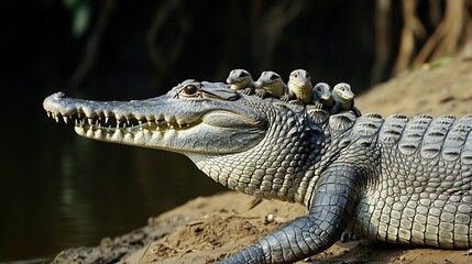 Naklejka premium Gharial crocodile basking Indian riverbank slender snout hatchlings riding on adult's back