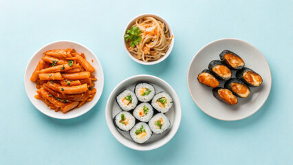 International cuisine minimal, Colorful plates of sushi and noodles arranged on a light blue background, showcasing a variety of dishes.