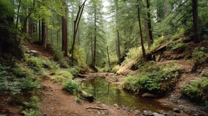 Obraz premium Generic Redwood Forest Overview Winding Through Creek