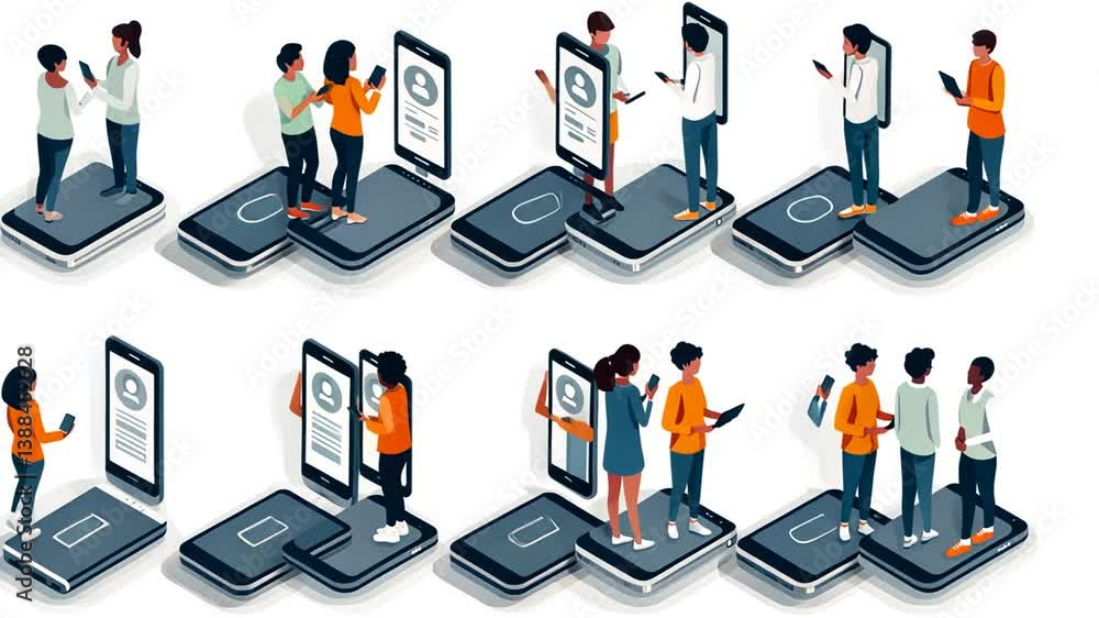 Poster engaging isometric illustrations of digital communication concepts generative ai