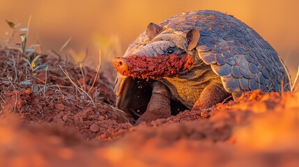 Giant armadillo excavating burrow Cerrado ecosystem armored plates caked red dirt