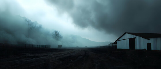 Desolate rodeo arena filled with rising smoke and an eerie atmosphere