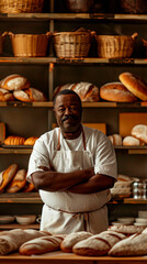 Professional baker, in white uniform and apron, poses with his arms crossed in front of a table full of artisan breads. In the background, shelves display more baked goods.