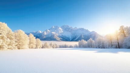 A snow-covered landscape features a majestic, snow-capped mountain range in the background. Foreground shows a field of pristine snow and frost-covered trees. The image is high-resolution with bright