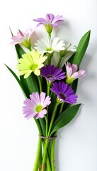 Green and purple flower arrangement isolated on a white surface, flowers, bouquet, floral