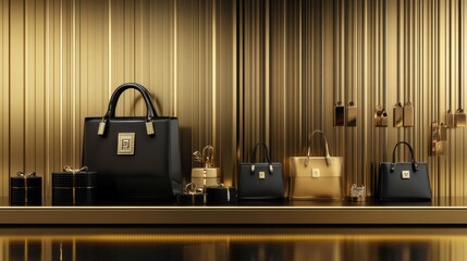 Explore luxury fashion items in a sleek digital store with a stunning gold and black color scheme showcasing high-end accessories and handbags