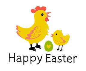 Colorful Easter illustration featuring a hen and chick with a decorated egg