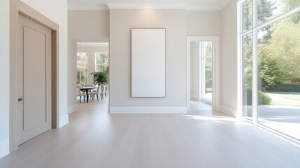 Obraz premium Spacious, light-filled hallway leading to dining area. Large windows showcasing outdoor views