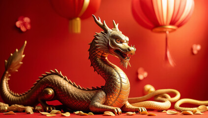 Obraz premium Golden Dragon with Red Lanterns and Petals