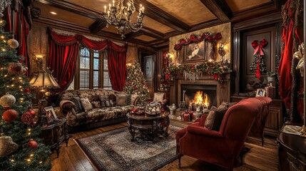 Fototapeta premium Elegant christmas living room with a fireplace and ornamented christmas tree