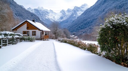 A snow-covered cottage sits nestled in a snowy mountain valley. A pathway leads to it, bordered by shrubs. The background features a majestic mountain range. The image is high-quality, with crisp de