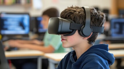 Student engages in immersive virtual reality learning in a futuristic digital classroom setting with VR technology