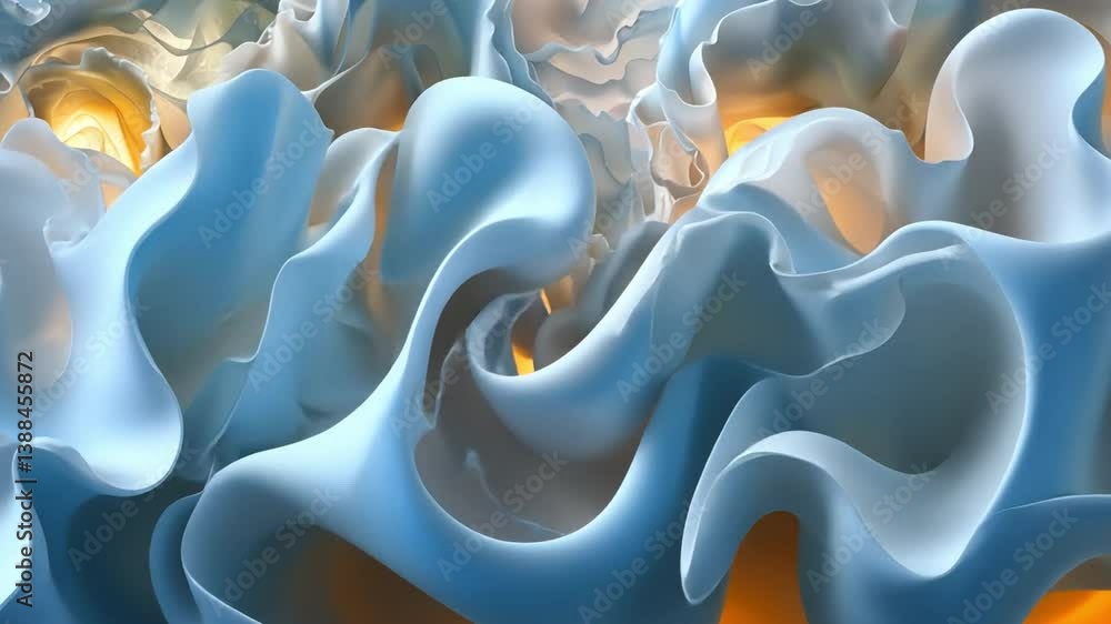 Poster abstract composition of flowing wavy forms in soft blue and white tones, creating depth and movement